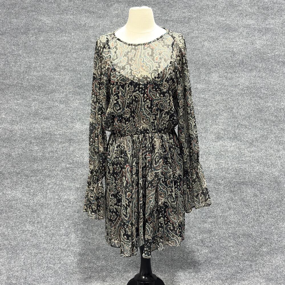 Joie Dress Womens Medium Black Paisley Sheer Long Sleeve Keyhole Boho Mini